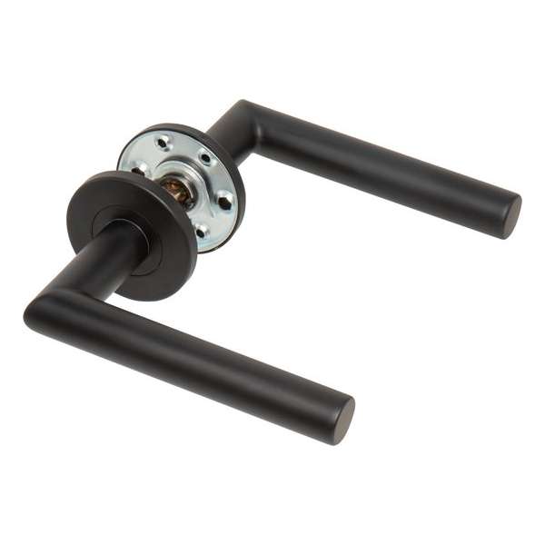 Deurklink Ostium Bobbio - Mat Zwarte deurklink set op ronde rozet - zwart deurbeslag Deurklink Ostium Bobbio - Mat Zwarte deurklink set op ronde rozet - zwart deurbeslag