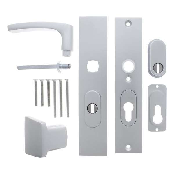 Starx Veiligheidsbeslag met Kerntrekbeveiliging – Deurbeslag Aluminium – Duwer/Kruk – Langschild PC55/PC72mm Starx Veiligheidsbeslag met Kerntrekbeveiliging – Deurbeslag Aluminium – Duwer/Kruk – Langschild PC55/PC72mm