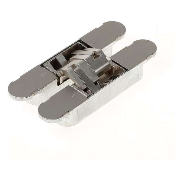 Onzichtbaar scharnier, 3D, type Hide 134-60, afmeting 134x24x21mm, kleur inox look Onzichtbaar scharnier, 3D, type Hide 134-60, afmeting 134x24x21mm, kleur inox look