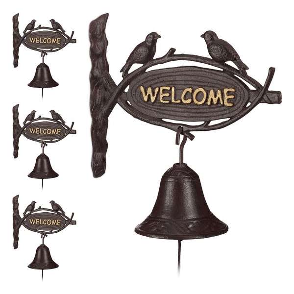Relaxdays 4x deurbel gietijzer WELCOME - tuinbel vogels - ijzeren bel - wandbel klok deur Relaxdays 4x deurbel gietijzer WELCOME - tuinbel vogels - ijzeren bel - wandbel klok deur