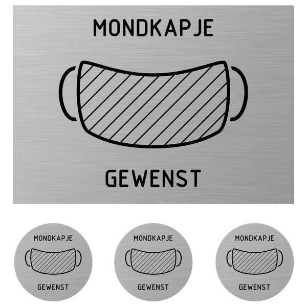 Deurbordje - set 4 stuks -mondkapje - gewenst - deurbord - rechthoek - rond - RVS look Deurbordje - set 4 stuks -mondkapje - gewenst - deurbord - rechthoek - rond - RVS look