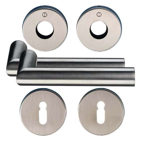 Hoppe deurgarnituur met sleutelrozetten s/g RVS - kruk/kruk - Sertos - E1400/42H/42HKVS/f69 Hoppe deurgarnituur met sleutelrozetten s/g RVS - kruk/kruk - Sertos - E1400/42H/42HKVS/f69