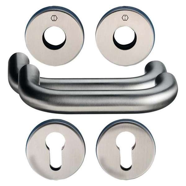 Hoppe deurgarnituur met cilinderrozetten s/g RVS - kruk/kruk - Sertos - E138/42H/42HKVS/f69 Hoppe deurgarnituur met cilinderrozetten s/g RVS - kruk/kruk - Sertos - E138/42H/42HKVS/f69