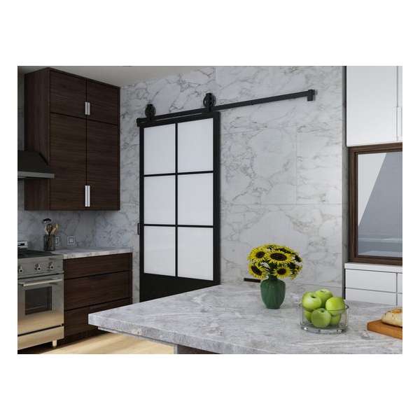 Barnwoodweb Schuifdeur staal en glas 6 vaks kickplate melkglas 100x235 | Inclusief schuifdeursysteem en deurgreep Barnwoodweb Schuifdeur staal en glas 6 vaks kickplate melkglas 100x235 | Inclusief schuifdeursysteem en deurgreep
