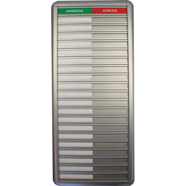 Aluminium Aanwezigheidsbord - Afwezigheidsbord voor 30 personen (incl. bevestigingsmateriaal) Aluminium Aanwezigheidsbord - Afwezigheidsbord voor 30 personen (incl. bevestigingsmateriaal)
