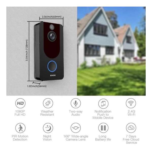 Eken - 1080P Video Deurbel V7 Zwart + Accu`s en Gong - Zeer hoge resolutie 1080p HD - Draadloze Deurbel Eken - 1080P Video Deurbel V7 Zwart + Accu`s en Gong - Zeer hoge resolutie 1080p HD - Draadloze Deurbel