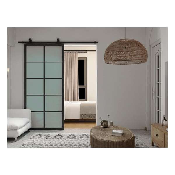 Barnwood Originals - Zwart stalen schuifdeur - 2150 x 1000 mm - 10 glasvlakken - complete set Barnwood Originals - Zwart stalen schuifdeur - 2150 x 1000 mm - 10 glasvlakken - complete set