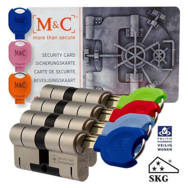 M&C 32/32 set van 4 anti-kerntrek cilinders skg*** gelijksluitend incl. 7 color sleutels. M&C 32/32 set van 4 anti-kerntrek cilinders skg*** gelijksluitend incl. 7 color sleutels.