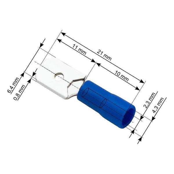 Kabelschoen Vlakstekker 100 stuks - Plat Blauw - Insteekbreedte 6.4 mm Insteekdikte 0.8 mm Kabelschoen Vlakstekker 100 stuks - Plat Blauw - Insteekbreedte 6.4 mm Insteekdikte 0.8 mm