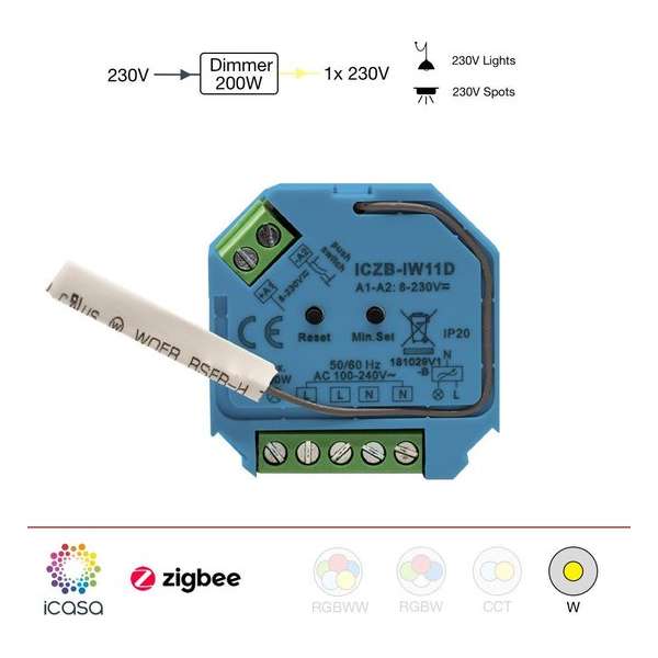 icasa Zigbee 3.0 dimmer - 230V-200/400W - 3 Draads - fase afsnijding - Compatible met Zigbee 3.0 icasa Zigbee 3.0 dimmer - 230V-200/400W - 3 Draads - fase afsnijding - Compatible met Zigbee 3.0
