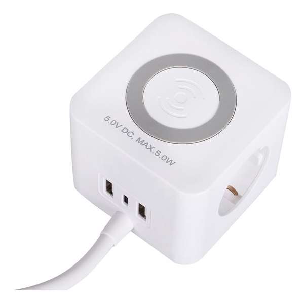 Q-Link Stekkerdoos met Wireless Charger – Powercube met USB – Stekkerblok Kubus – Wit Q-Link Stekkerdoos met Wireless Charger – Powercube met USB – Stekkerblok Kubus – Wit
