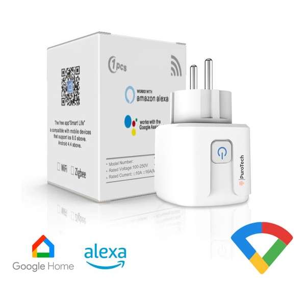 PuroTech Slimme Stekker - Tijdschakelaar & Energiemeter - Smart Plug - Geschikt Voor Alexa / Google Home