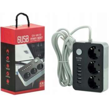 Stekkerdoos - 6 USB - 3 stekkers - Aan/Uit schakelaar - Zwart