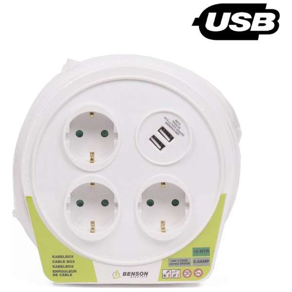 Benson Kabelbox Haspel / Kabelhaspel 10 meter 3 x 1.5MM met 2 usb poorten en 3 RA stopcontacten Benson Kabelbox Haspel / Kabelhaspel 10 meter 3 x 1.5MM met 2 usb poorten en 3 RA stopcontacten