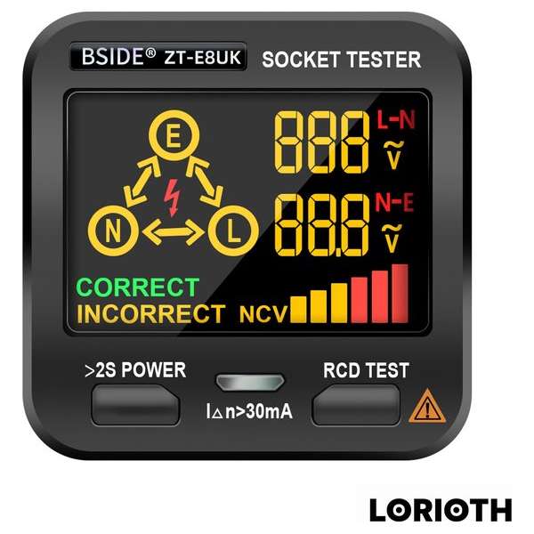 LORIOTH® Professionele Stopcontact tester - Aardlekschakelaar Tester - Voltage Tester - LCD-Display - Zwart LORIOTH® Professionele Stopcontact tester - Aardlekschakelaar Tester - Voltage Tester - LCD-Display - Zwart
