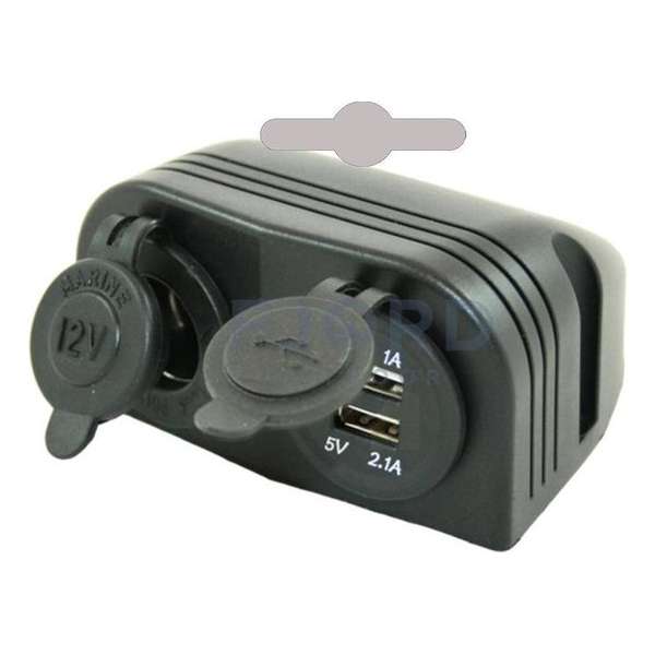 Power Line 12V Stekker + 2x USB Opbouw Stekker Power Line 12V Stekker + 2x USB Opbouw Stekker
