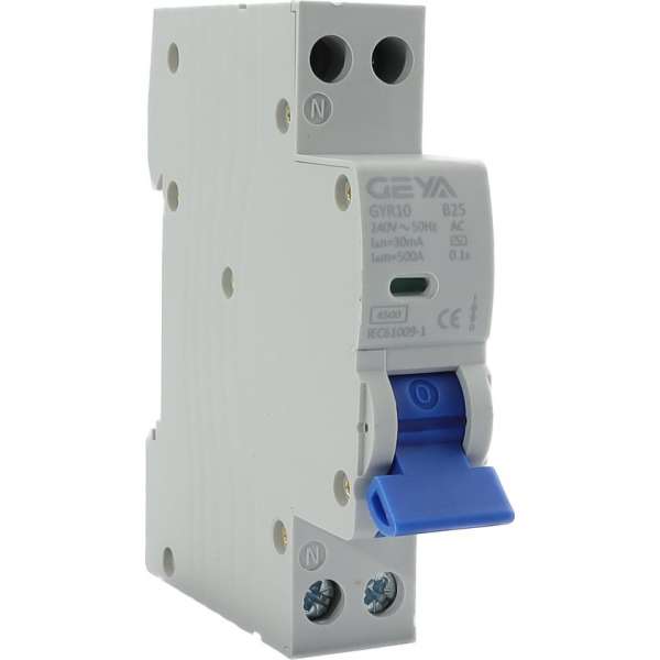 Aardlekautomaat B 25A 1 polig + nul 30mA 18mm 1 module - 4.5KA Alamat - GEYA Aardlekautomaat B 25A 1 polig + nul 30mA 18mm 1 module - 4.5KA Alamat - GEYA