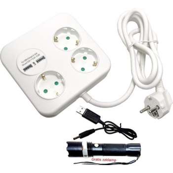Vierkant 3 Stopcontacten + 2 Usb 2.4 AMP Poorten 1.5 meter 3X1,5mm verlengsnoer kabel verleng