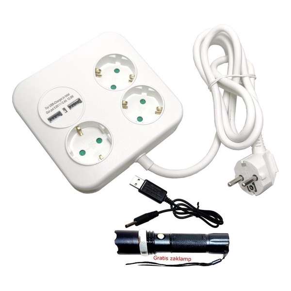 Vierkant 3 Stopcontacten + 2 Usb 2.4 AMP Poorten 1.5 meter 3X1,5mm verlengsnoer kabel verleng Vierkant 3 Stopcontacten + 2 Usb 2.4 AMP Poorten 1.5 meter 3X1,5mm verlengsnoer kabel verleng