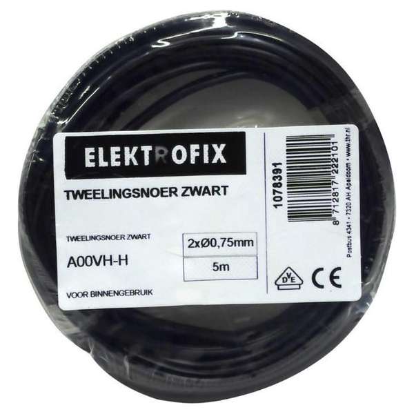 5 meter Elektrofix tweelingsnoer zwart, 2 x 0.75mm 5 meter Elektrofix tweelingsnoer zwart, 2 x 0.75mm
