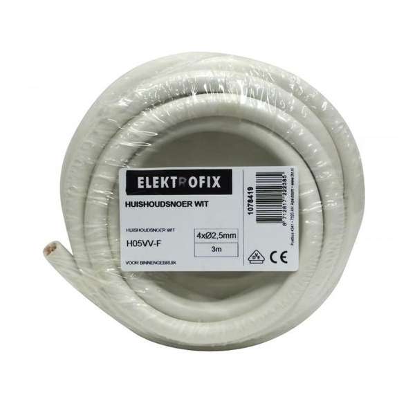 3 meter Elektrofix huishoudsnoer 4-aderig wit, 4 x 0.25mm 3 meter Elektrofix huishoudsnoer 4-aderig wit, 4 x 0.25mm