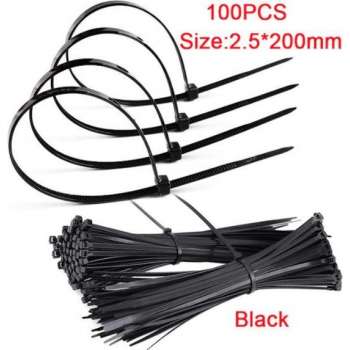 Kabelbinders - Tie ribs - Tie wraps - Ty Raps - 100 x 2.5 mm - Zwart - 100 Stuks - Kabelwinders