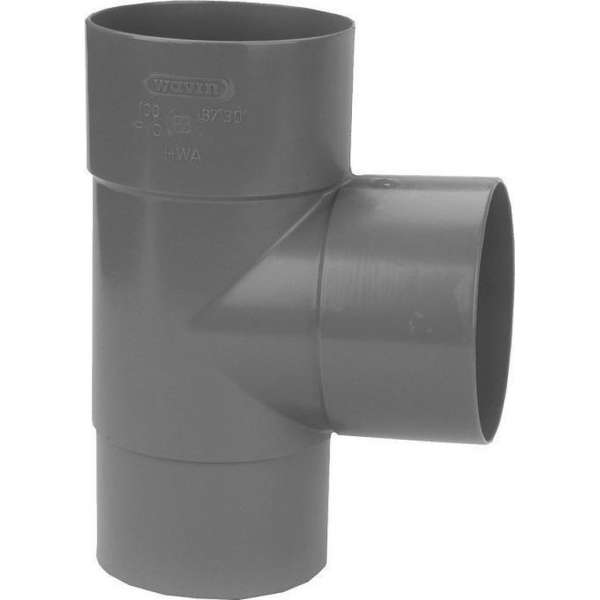 Dyka T-stuk 2x mof 1x spie 90° PVC grijs keurmerk BRL2012 80mm Dyka T-stuk 2x mof 1x spie 90° PVC grijs keurmerk BRL2012 80mm