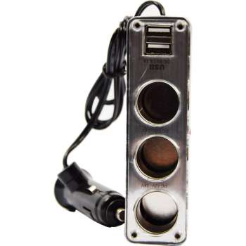 auto 12v splitter stekkerdoos 3-voudig met 2 USB poorten Zwart