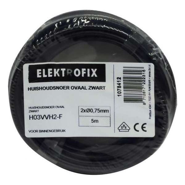 ELEKTROFIX huishoudsnoer | 2 x 0.75 mm² | 5 meter | belastbaar tot 1300 watt | zwart ELEKTROFIX huishoudsnoer | 2 x 0.75 mm² | 5 meter | belastbaar tot 1300 watt | zwart