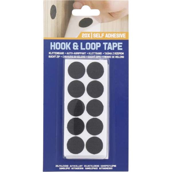 Zelfklevende klittenband rondjes ZWART - 20 rondjes van Ø 20 mm - direct te gebruiken Zelfklevende klittenband rondjes ZWART - 20 rondjes van Ø 20 mm - direct te gebruiken