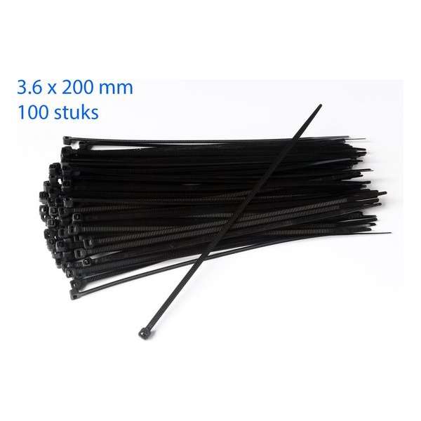 Kabelbinders / ty-raps zwart weerbestendig 200 x 3,6 mm 100 stuks Kabelbinders / ty-raps zwart weerbestendig 200 x 3,6 mm 100 stuks