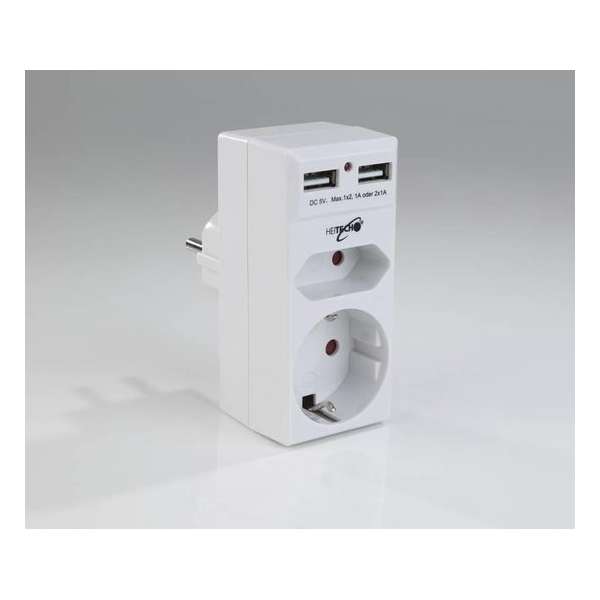 Heitech 2-wegs contactdoosadapter met 2 USB-oplaadpoorten Heitech 2-wegs contactdoosadapter met 2 USB-oplaadpoorten