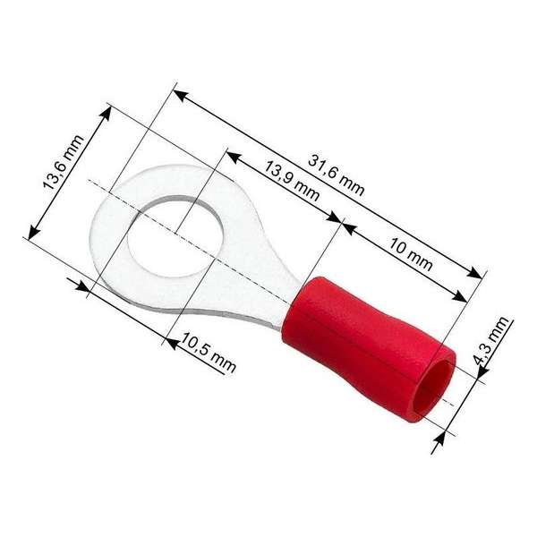 Ringkabelschoen Rood 10.5-13.6 mm - Gat diameter 4,3 mm - M10 - 100 Stuks Ringkabelschoen Rood 10.5-13.6 mm - Gat diameter 4,3 mm - M10 - 100 Stuks