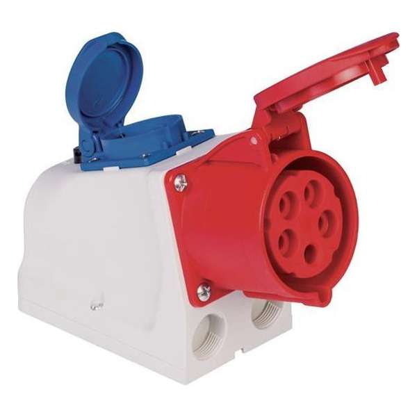 Mete - CEE female 5 polig 6H 32A IP44 kracht wandcontactdoos 380-415VAC - met 1 x schuko 230 - 240v 16A stekker ingang Mete - CEE female 5 polig 6H 32A IP44 kracht wandcontactdoos 380-415VAC - met 1 x schuko 230 - 240v 16A stekker ingang