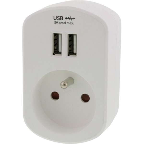 USB adapterstekker – type E – 2 x USB – 5V – 3.4A – wit USB adapterstekker – type E – 2 x USB – 5V – 3.4A – wit
