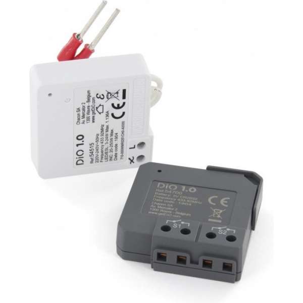 DiO Kit draadloze wisselschakelaar met inbouwschakelaar modules (ontvanger + zender) - Voor DiO 1.0. (433,92Mhz) DiO Kit draadloze wisselschakelaar met inbouwschakelaar modules (ontvanger + zender) - Voor DiO 1.0. (433,92Mhz)