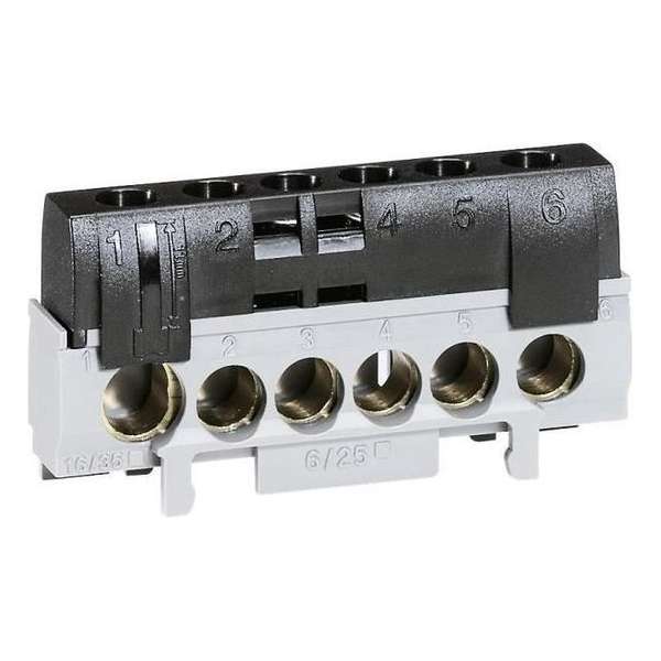 Legrand Klemmenblok 5 terminals voor kabel 6 tot 25 mm2 + 1 terminal voor kabel 10 tot 35 mm2 Legrand Klemmenblok 5 terminals voor kabel 6 tot 25 mm2 + 1 terminal voor kabel 10 tot 35 mm2