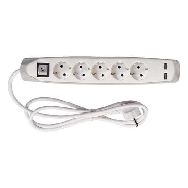 5-VOUDIGE STEKKERDOOS MET SCHAKELAAR - 2 USB-POORTEN - GRIJS/WIT - SCHUKO 5-VOUDIGE STEKKERDOOS MET SCHAKELAAR - 2 USB-POORTEN - GRIJS/WIT - SCHUKO