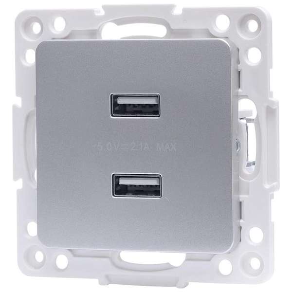 Wandcontactdoos - Aigi Jura - Inbouw - Vierkant - Kunststof - 2-voudig USB Aansluiting - Zilver - BES LED Wandcontactdoos - Aigi Jura - Inbouw - Vierkant - Kunststof - 2-voudig USB Aansluiting - Zilver - BES LED