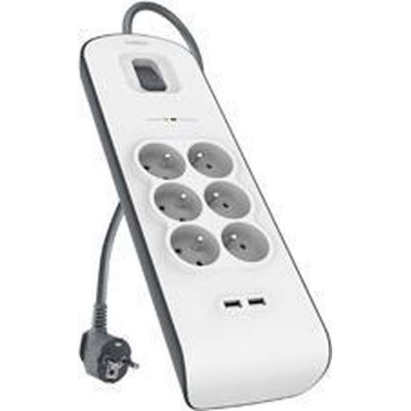 Belkin Stekkerdoos met 6 uitgangen en 2 USB-poorten 2.4A - overspanningsbeveiliging (Franse aansluiting) Belkin Stekkerdoos met 6 uitgangen en 2 USB-poorten 2.4A - overspanningsbeveiliging (Franse aansluiting)