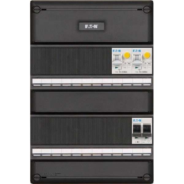 Eaton groepenkast, 2 aardlekautomaten, 1 hoofdschakelaar 2P Eaton groepenkast, 2 aardlekautomaten, 1 hoofdschakelaar 2P