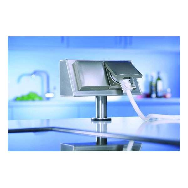 Thebo Satelliet dubbele opbouw contactdoos/stopcontact met klapdeksels.Inox Thebo Satelliet dubbele opbouw contactdoos/stopcontact met klapdeksels.Inox
