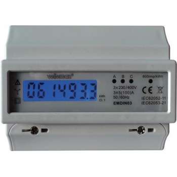 DRIEFASIGE kWh-METER VOOR DIN-RAIL MONTAGE - 7 MODULES