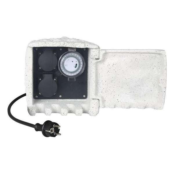 Tuincontactdoos steenlook wit 2-voudige stekkerdoos incl. 5m kabel & timer Tuincontactdoos steenlook wit 2-voudige stekkerdoos incl. 5m kabel & timer