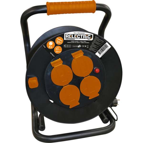 Relectric Kabelhaspel – 25m – 4 stopcontacten – 3000W Met oprolknop - Randaarde - IP44 - RELEC492190 Relectric Kabelhaspel – 25m – 4 stopcontacten – 3000W Met oprolknop - Randaarde - IP44 - RELEC492190