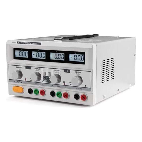 DUBBELE DC-LABOVOEDING - 2 x 0-30 VDC / 0-3 A + 5 VDC vast / 3 A MAX MET 4 LCD-SCHERMEN DUBBELE DC-LABOVOEDING - 2 x 0-30 VDC / 0-3 A + 5 VDC vast / 3 A MAX MET 4 LCD-SCHERMEN