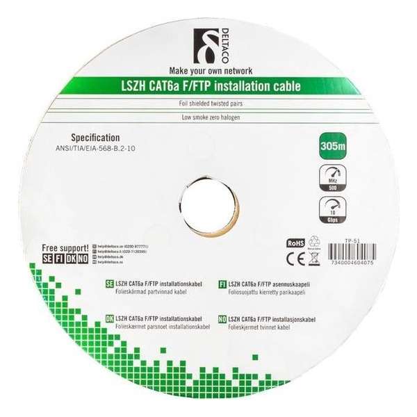 Deltaco S/FTP Kabel Cat7 Massief 305m Grijs LSZH Installatiekabel Deltaco S/FTP Kabel Cat7 Massief 305m Grijs LSZH Installatiekabel