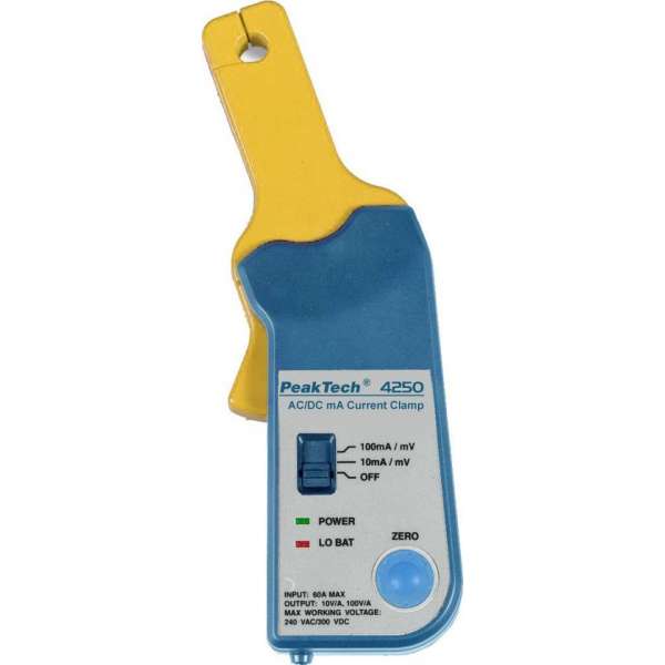 PeakTech 4250 Stroomtangadapter voor multimeter ~ 60 A AC / DC ~ met 4 mm-stekkers PeakTech 4250 Stroomtangadapter voor multimeter ~ 60 A AC / DC ~ met 4 mm-stekkers