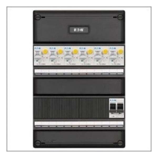 Eaton groepenkast, 6 aardlekautomaten, 1 hoofdschakelaar 2P Eaton groepenkast, 6 aardlekautomaten, 1 hoofdschakelaar 2P