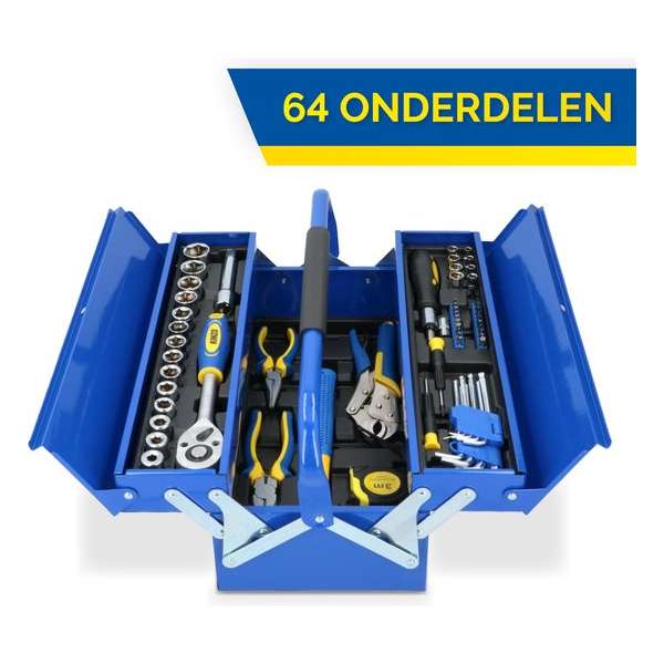 Kinzo Gereedschapsset - Metalen Kist - 64-delig - CR-V-staal - Blauw Kinzo Gereedschapsset - Metalen Kist - 64-delig - CR-V-staal - Blauw